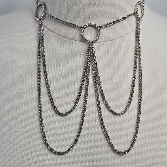 Choker Necklace Multi Chain Draped Silvertone Clear Rhinestones Whimsygoth - Picture 3 of 7